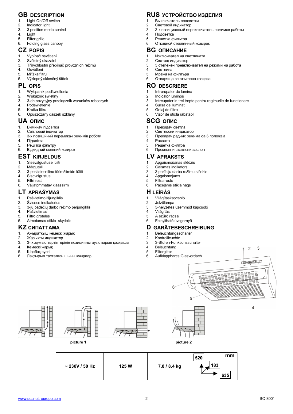 Ua scg, Kz d | Scarlett SC-8001 User Manual | Page 2 / 19