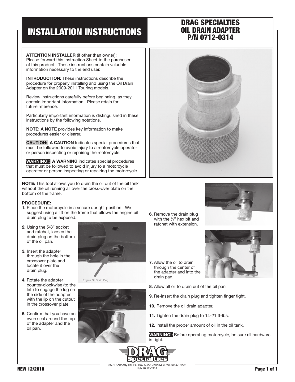 Baron Tools_Oil Drain Tool - Billet Aluminum - For 09+ Touring Models User Manual | 1 page