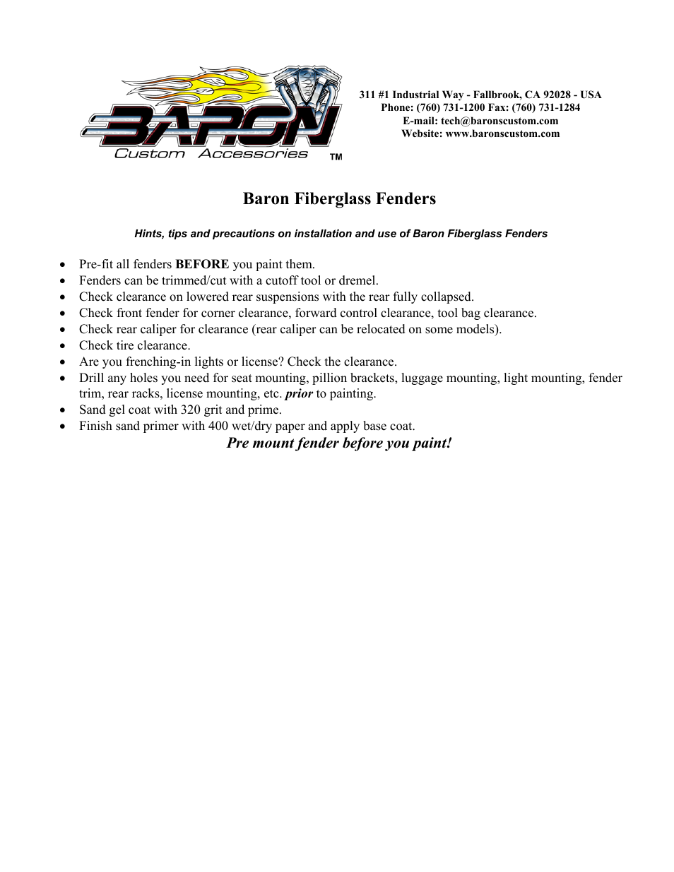 Baron Fenders & Body Kits_GANGSTER REAR FENDER - Royal Star User Manual | 1 page