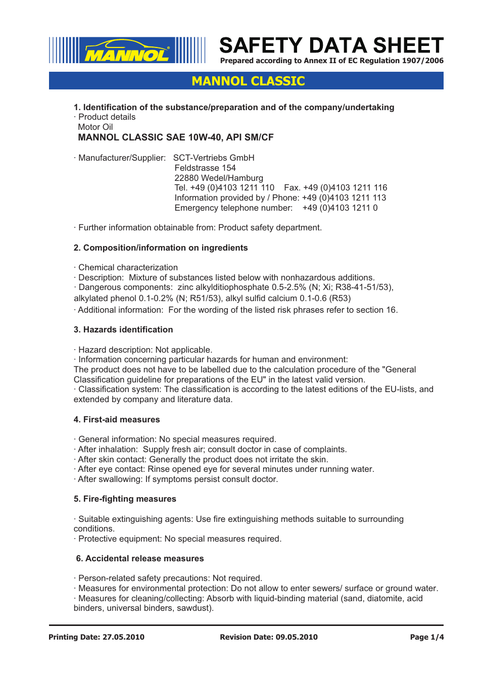 SCT-Germany CLASSIC SAE 10W-40 API SN_CF User Manual | 4 pages