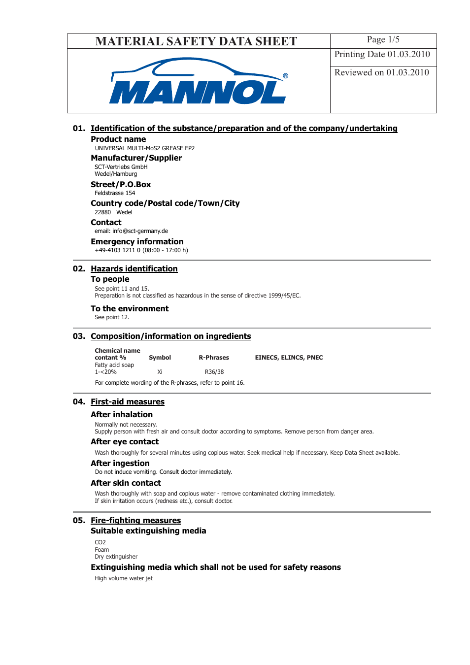 SCT-Germany UNIVERSAL MULTI-MoS2 GREASE EP2 User Manual | 5 pages