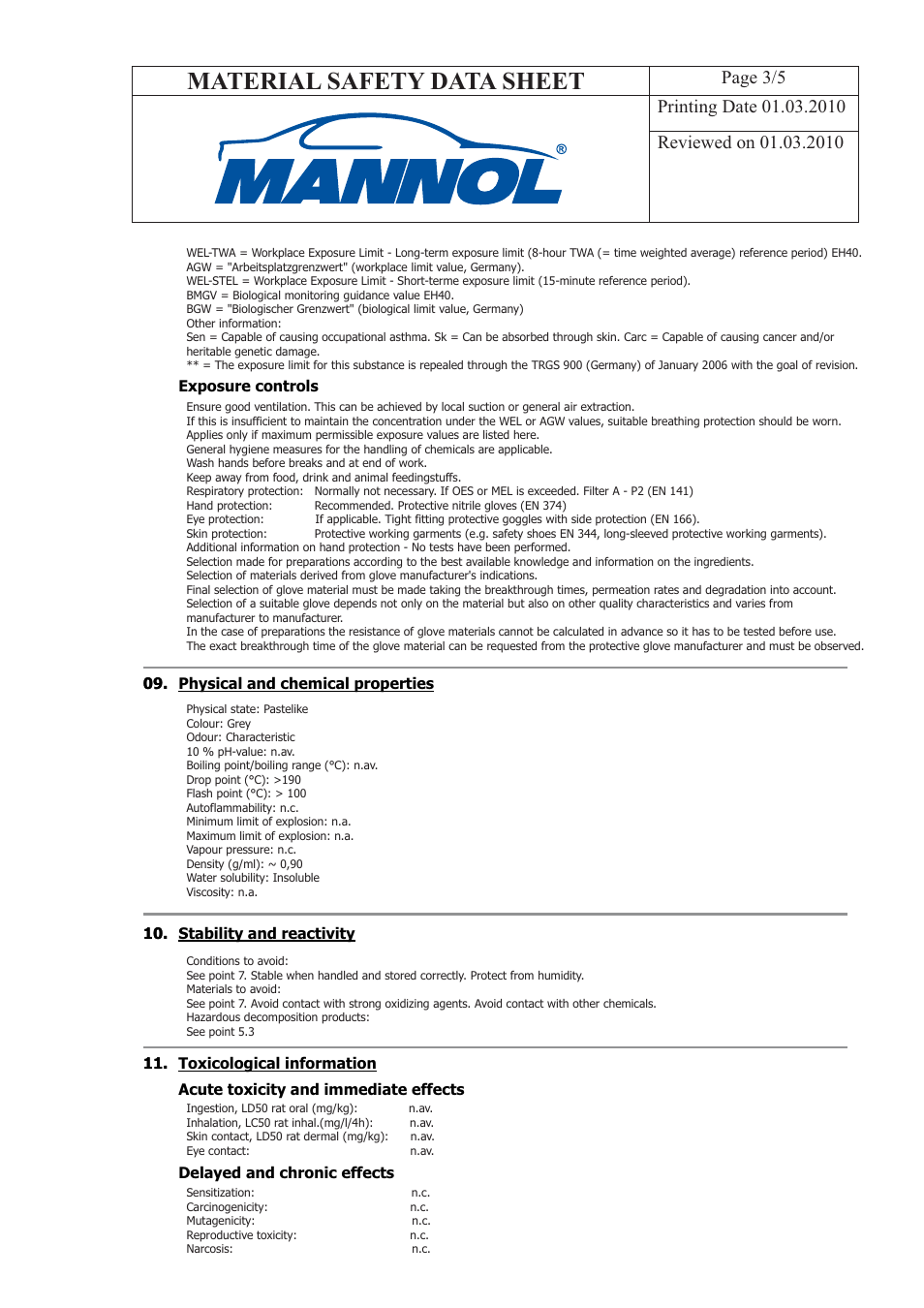 Material safety data sheet | SCT-Germany UNIVERSAL MULTI-MoS2 GREASE EP2 User Manual | Page 3 / 5