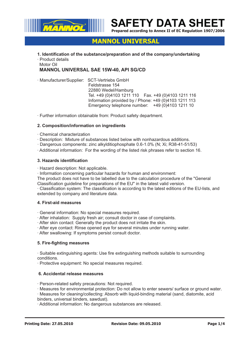 SCT-Germany UNIVERSAL SAE 15W-40 API SG_CD User Manual | 4 pages
