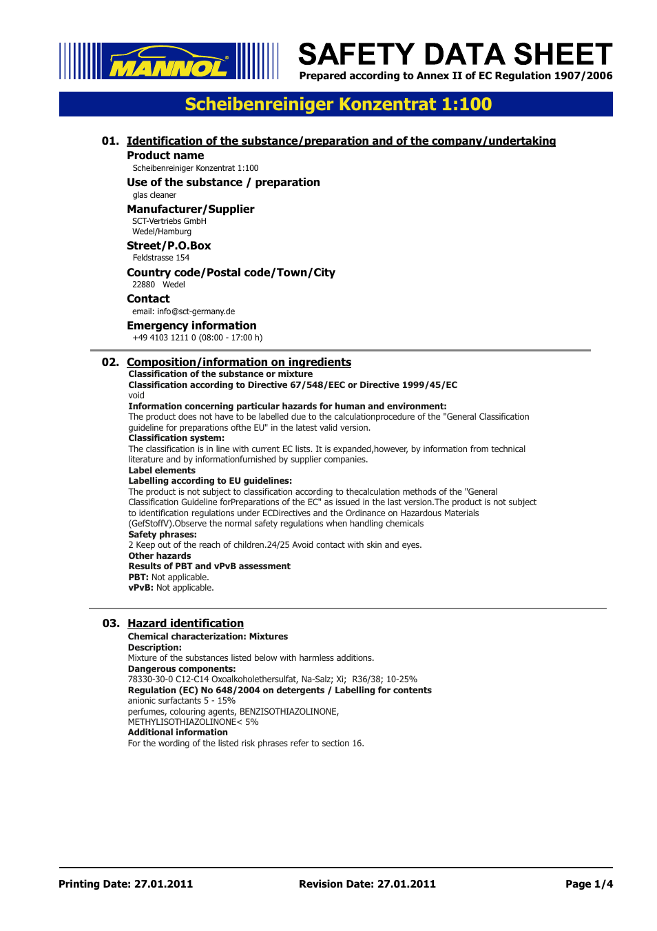 SCT-Germany SCHEIBEN-REINIGER KONZENTRAT 1:100 User Manual | 4 pages