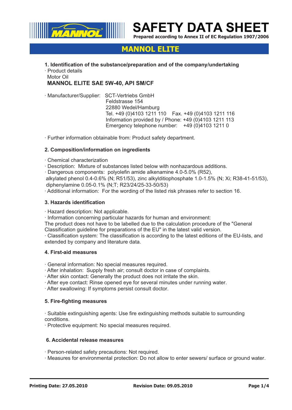 SCT-Germany ELITE SAE 5W-40 API SM_CF User Manual | 4 pages