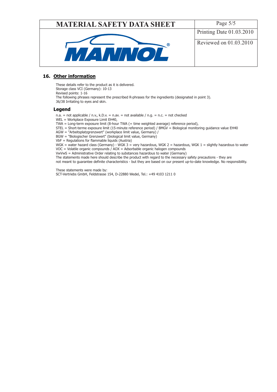 Material safety data sheet | SCT-Germany LOW VISCOSITY GREASE Li-EP 00_000 User Manual | Page 5 / 5
