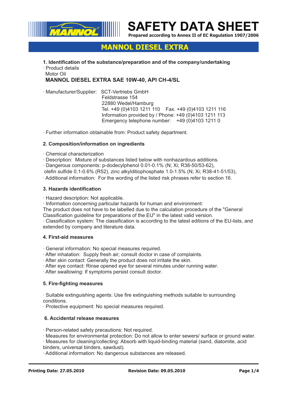 SCT-Germany DIESEL EXTRA SAE 10W-40 API CH-4_SL User Manual | 4 pages