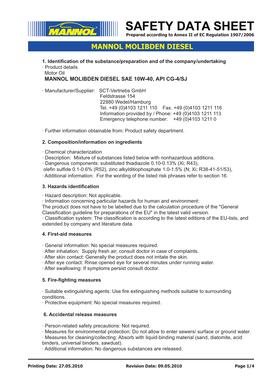 SCT-Germany MOLIBDEN DIESEL SAE 10W-40 API CG-4_SJ User Manual | 4 pages