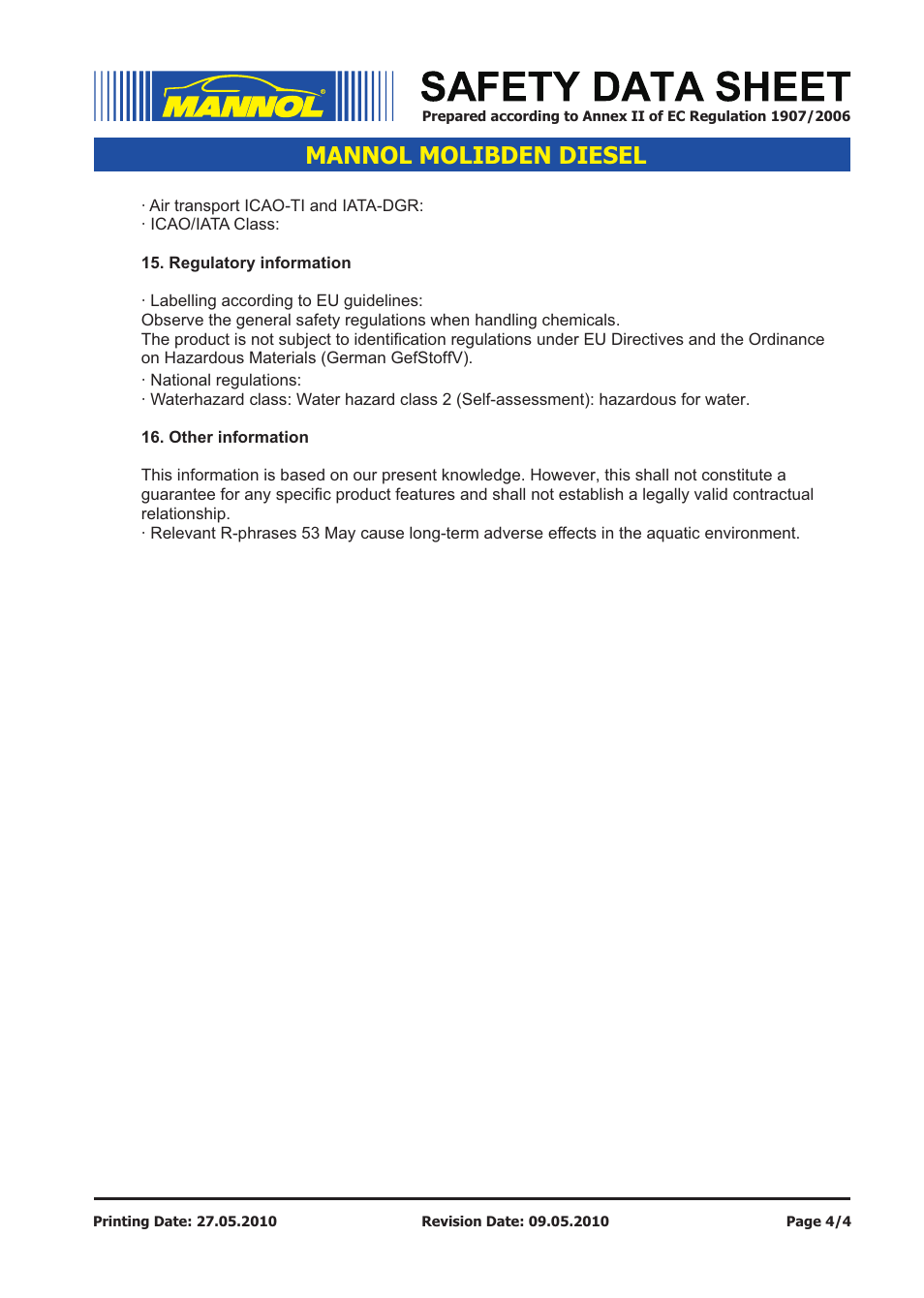 Mannol molibden diesel | SCT-Germany MOLIBDEN DIESEL SAE 10W-40 API CG-4_SJ User Manual | Page 4 / 4