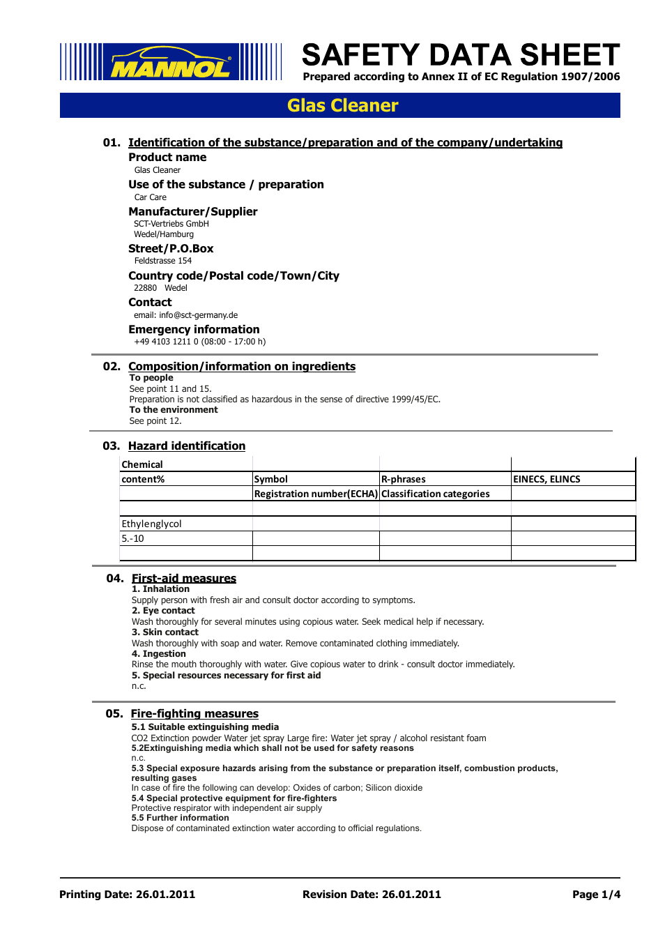 SCT-Germany GLAS CLEANER User Manual | 4 pages