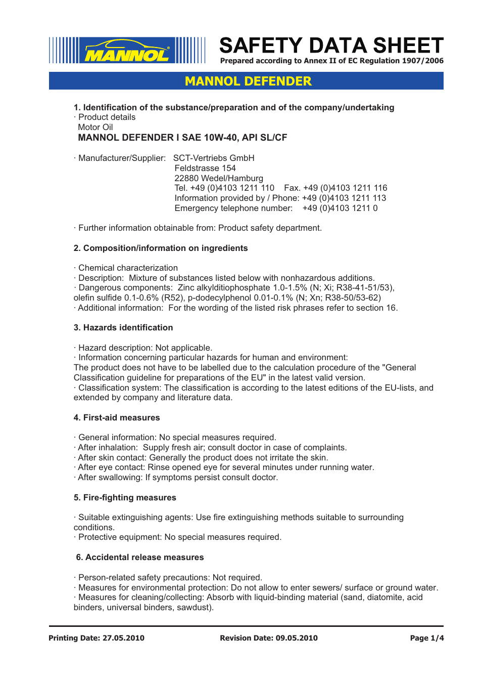 SCT-Germany DEFENDER SAE 10W-40 API SL_CF User Manual | 4 pages
