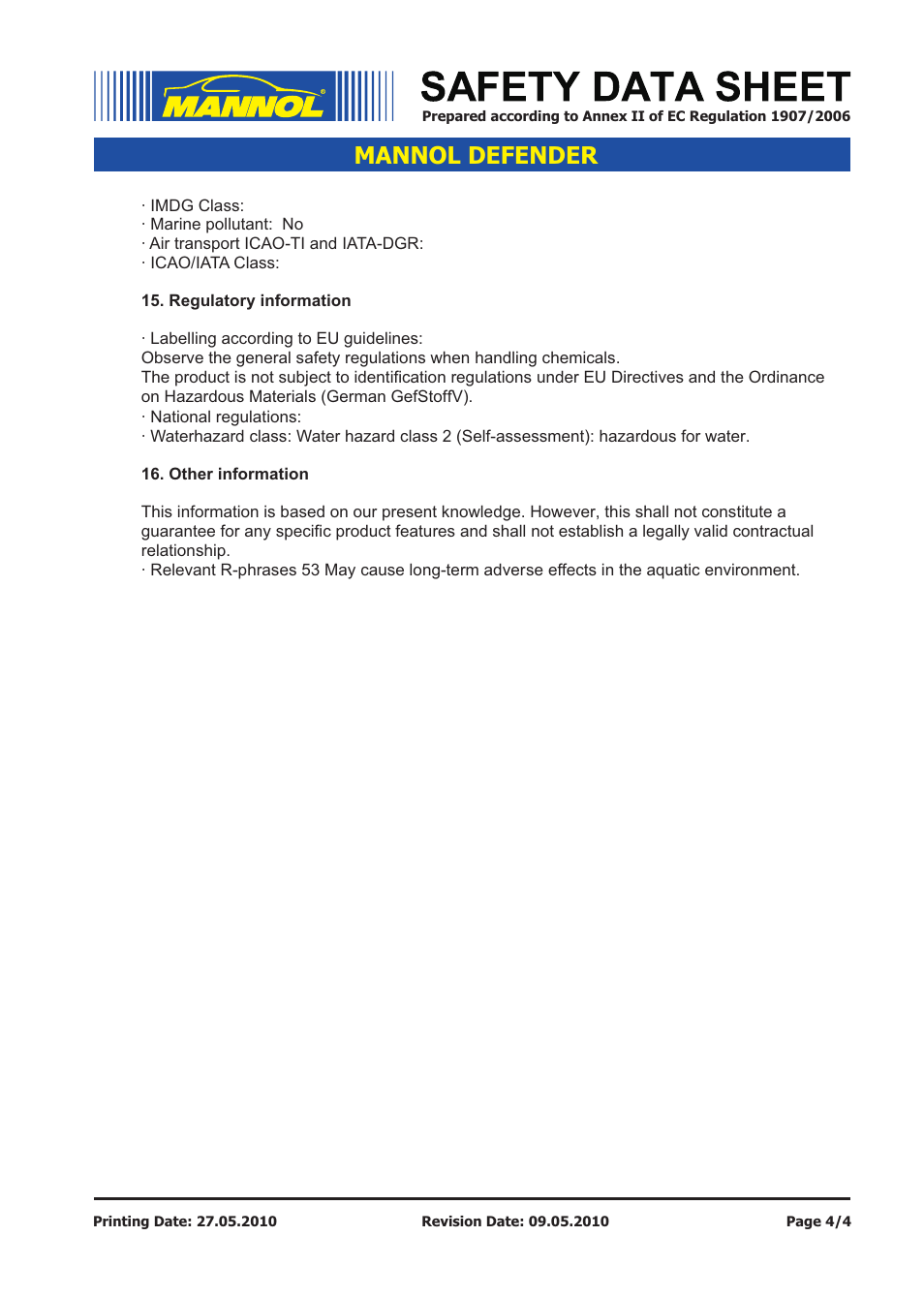 Mannol defender | SCT-Germany DEFENDER SAE 10W-40 API SL_CF User Manual | Page 4 / 4