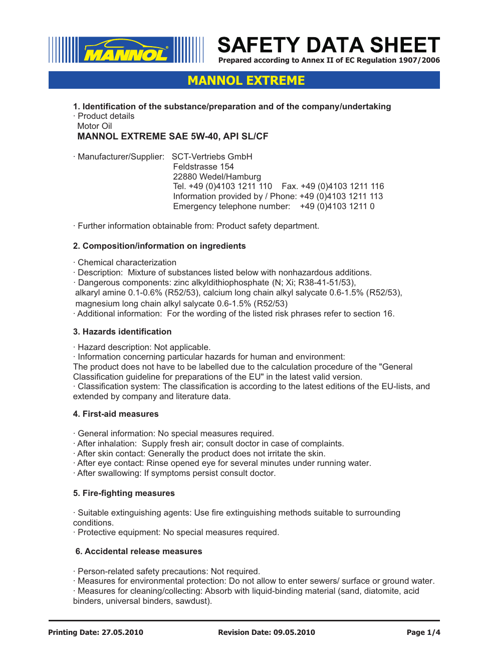 SCT-Germany EXTREME SAE 5W-40 API SL_CF User Manual | 4 pages