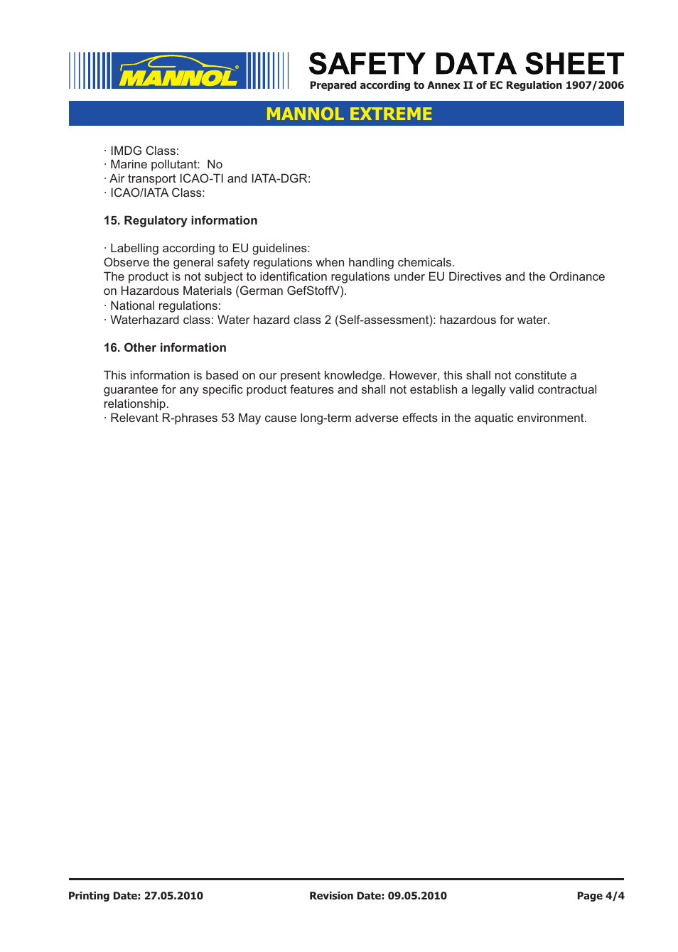 Mannol extreme | SCT-Germany EXTREME SAE 5W-40 API SL_CF User Manual | Page 4 / 4