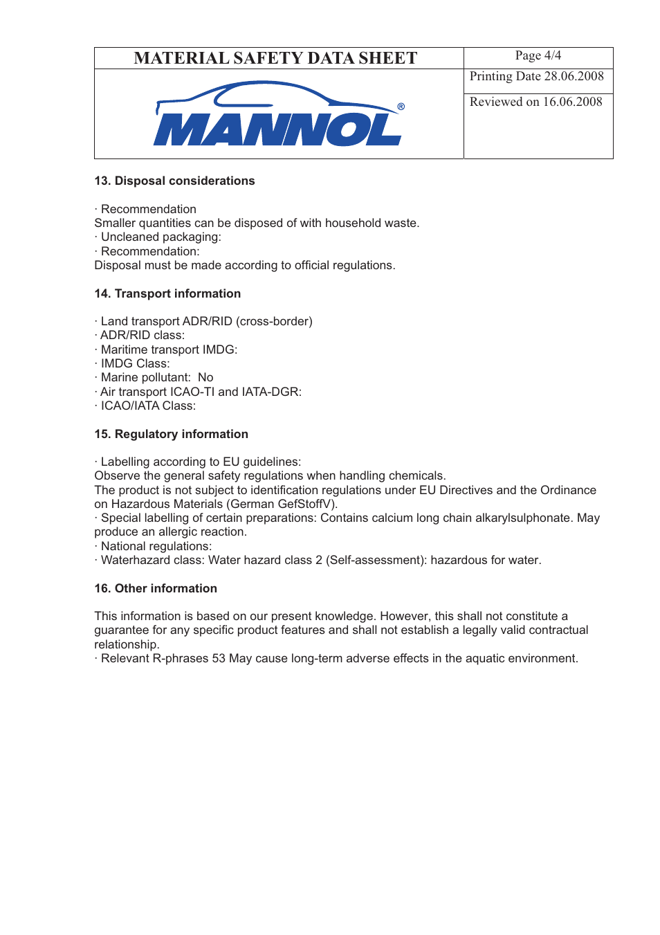 Material safety data sheet | SCT-Germany 4-TAKT PLUS User Manual | Page 4 / 4
