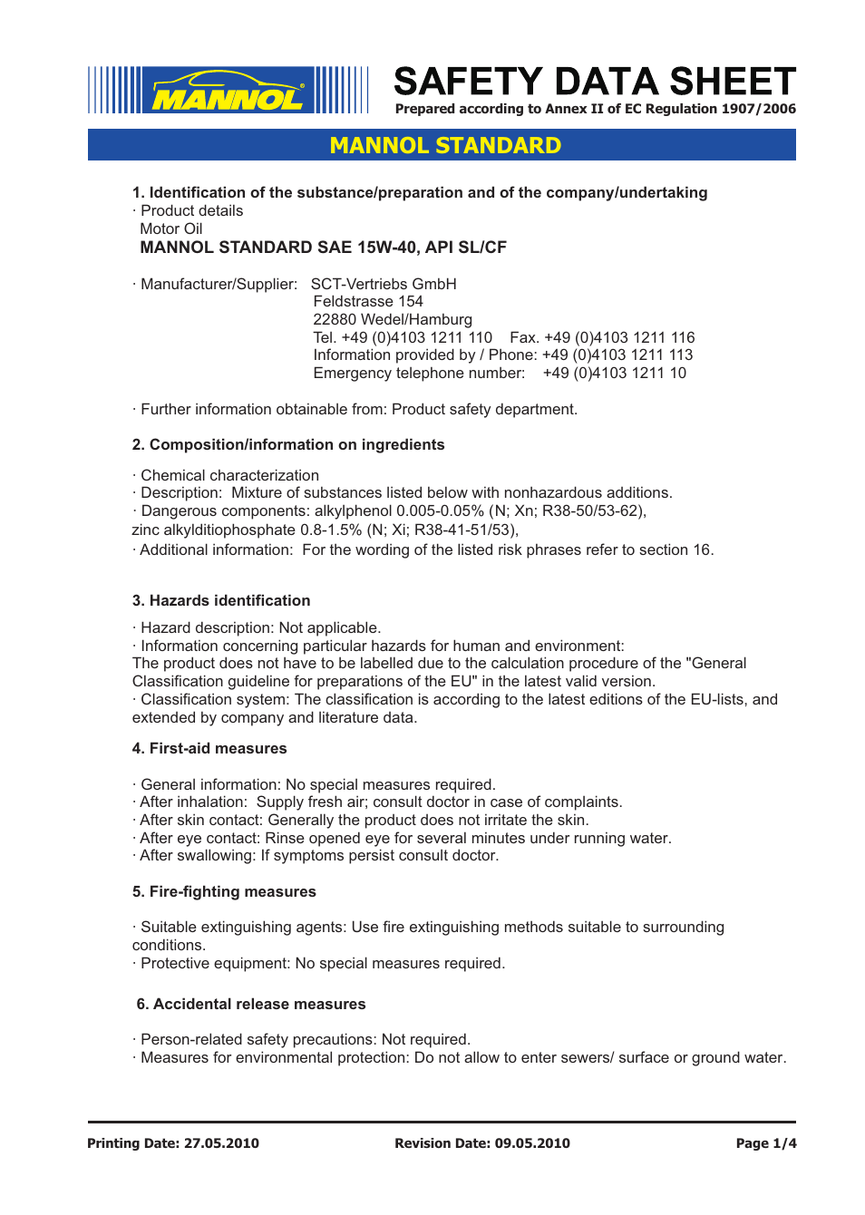 SCT-Germany STANDARD SAE 15W-40 API SL_CF User Manual | 4 pages
