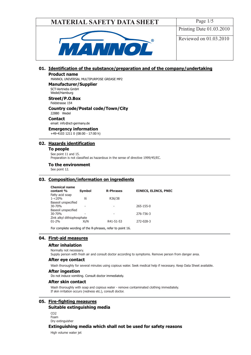 SCT-Germany UNIVERSAL MULTIPURPOSE GREASE MP2 User Manual | 5 pages