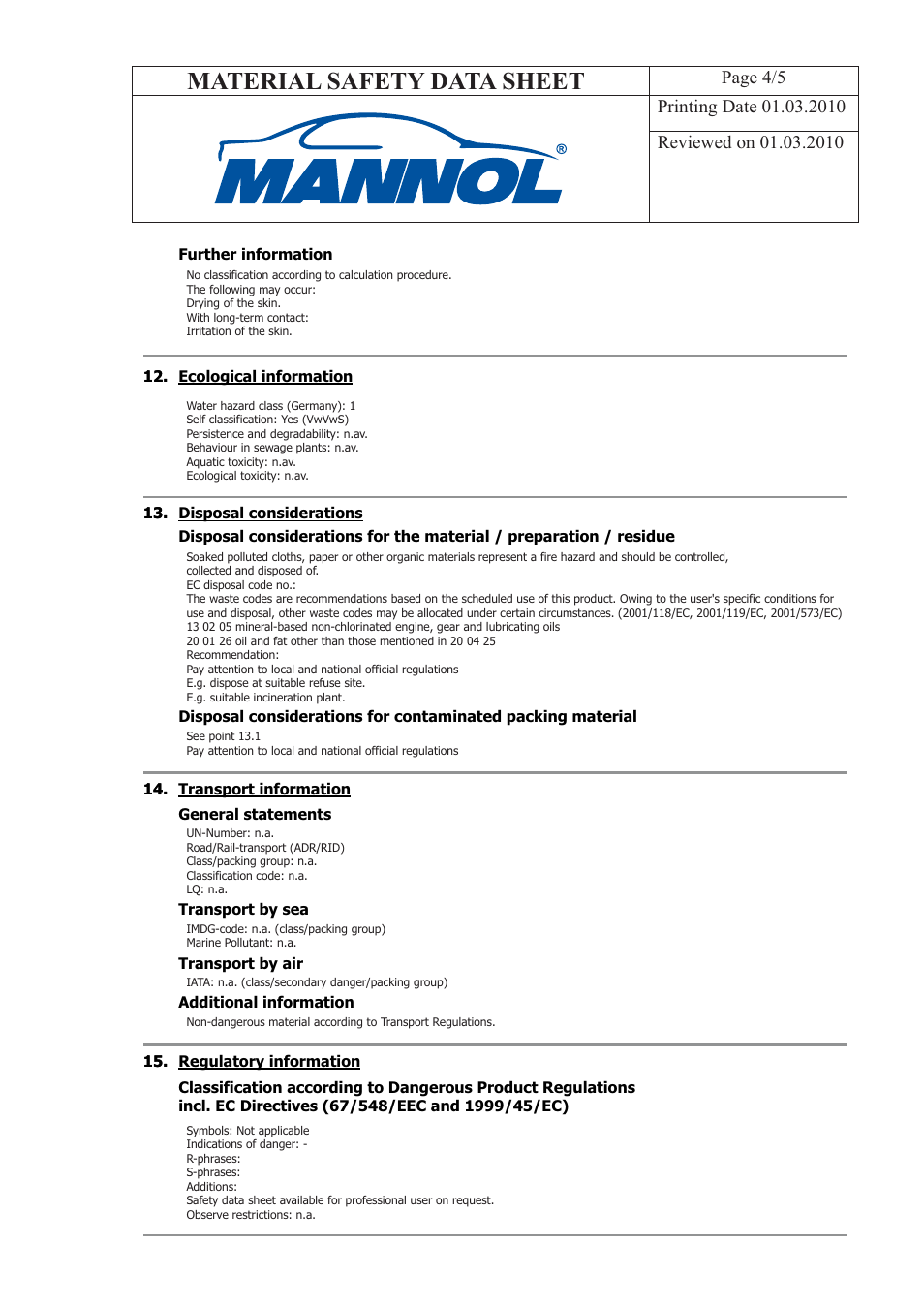 Material safety data sheet | SCT-Germany UNIVERSAL MULTIPURPOSE GREASE MP2 User Manual | Page 4 / 5