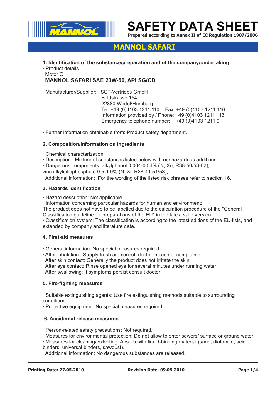 SCT-Germany SAFARI SAE 20W-50 API SG_CD User Manual | 4 pages