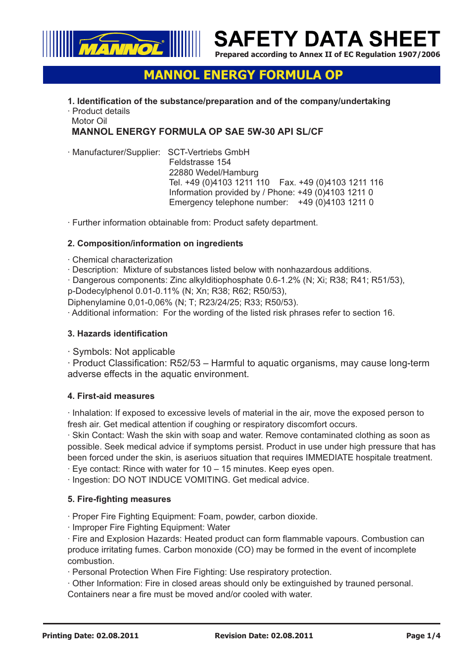 SCT-Germany ENERGY FORMULA OP SAE 5W-30 API SL_CF User Manual | 4 pages