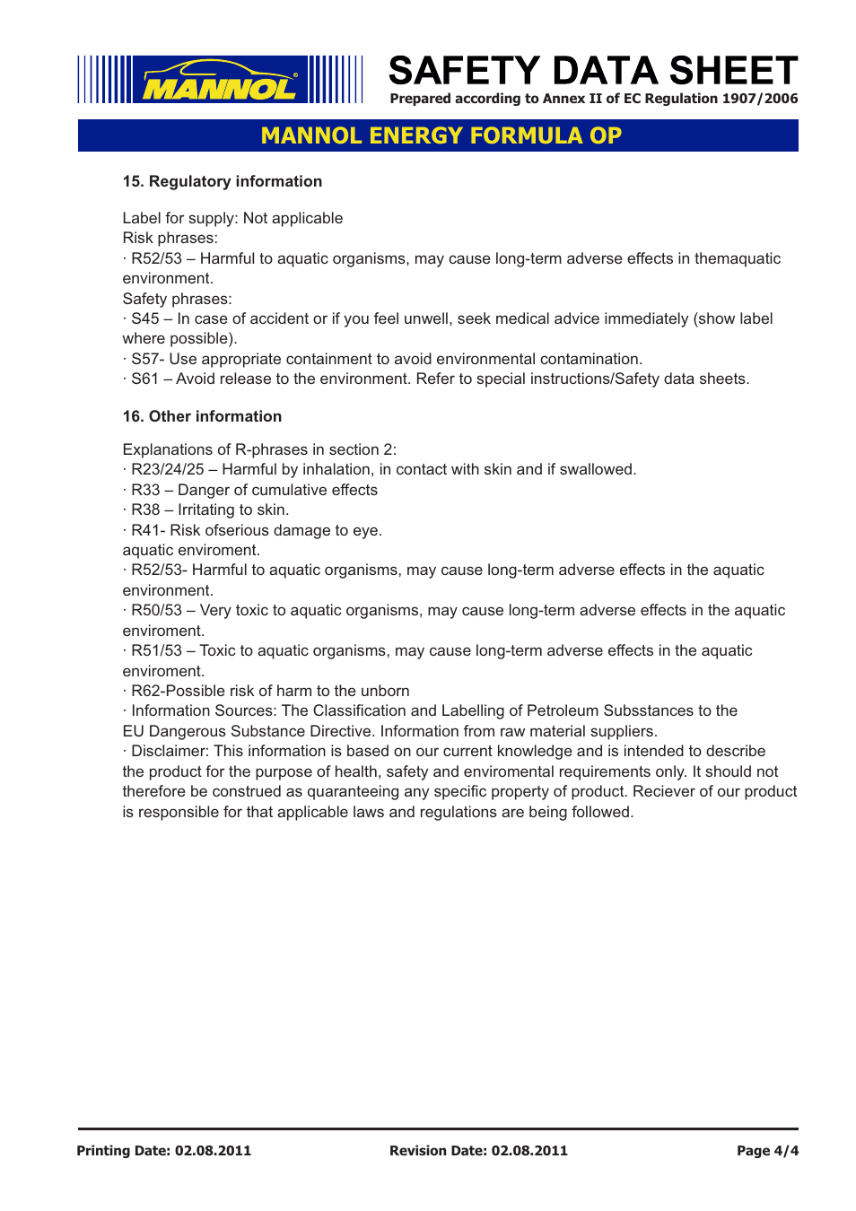 Mannol energy formula op | SCT-Germany ENERGY FORMULA OP SAE 5W-30 API SL_CF User Manual | Page 4 / 4