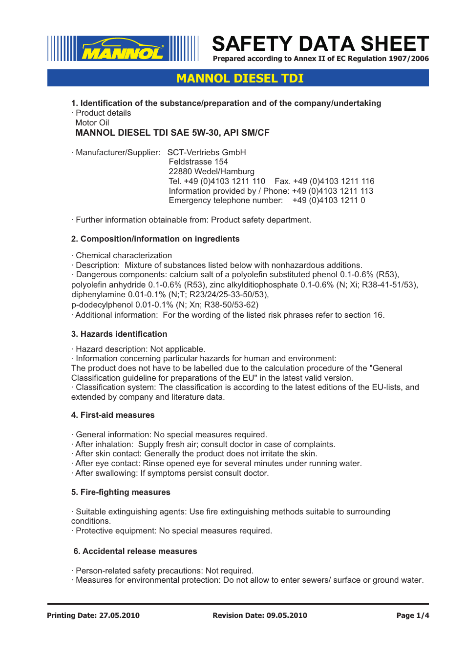 SCT-Germany DIESEL TDI SAE 5W-30 API CF_SM User Manual | 4 pages
