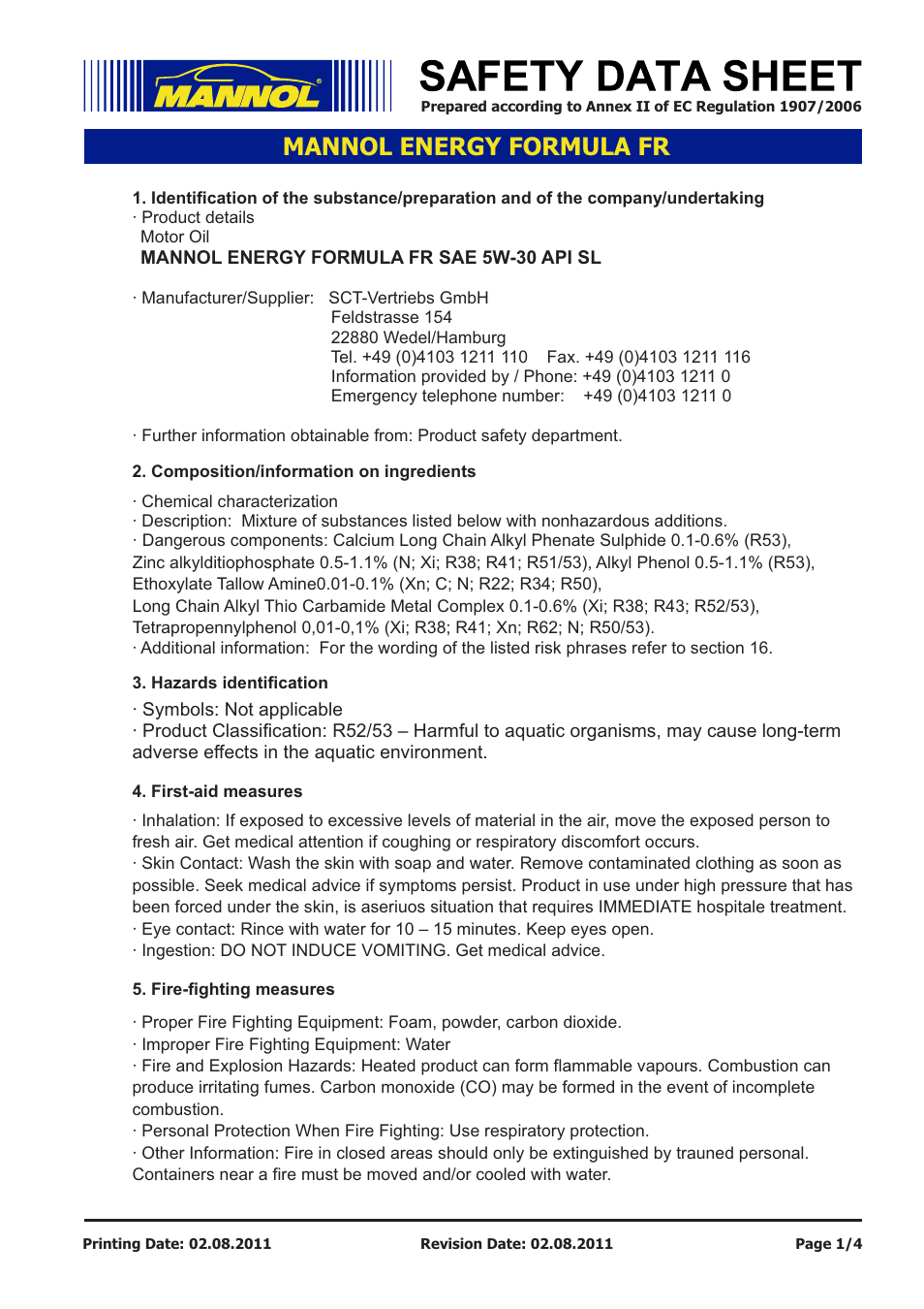 SCT-Germany ENERGY FORMULA FR SAE 5W-30 API SL User Manual | 4 pages
