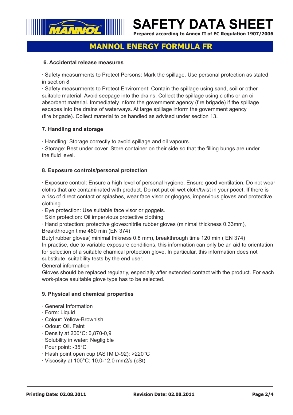 Mannol energy formula fr | SCT-Germany ENERGY FORMULA FR SAE 5W-30 API SL User Manual | Page 2 / 4
