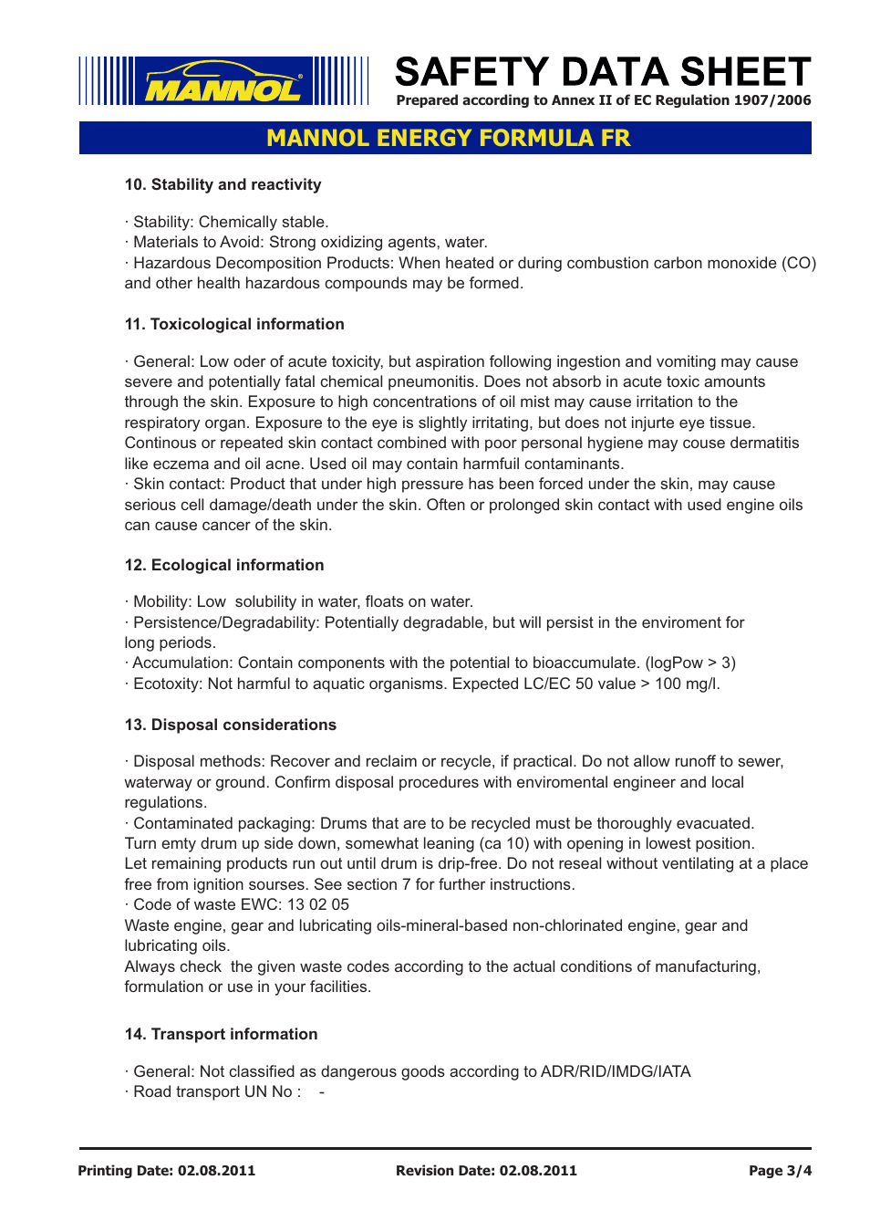 Mannol energy formula fr | SCT-Germany ENERGY FORMULA FR SAE 5W-30 API SL User Manual | Page 3 / 4