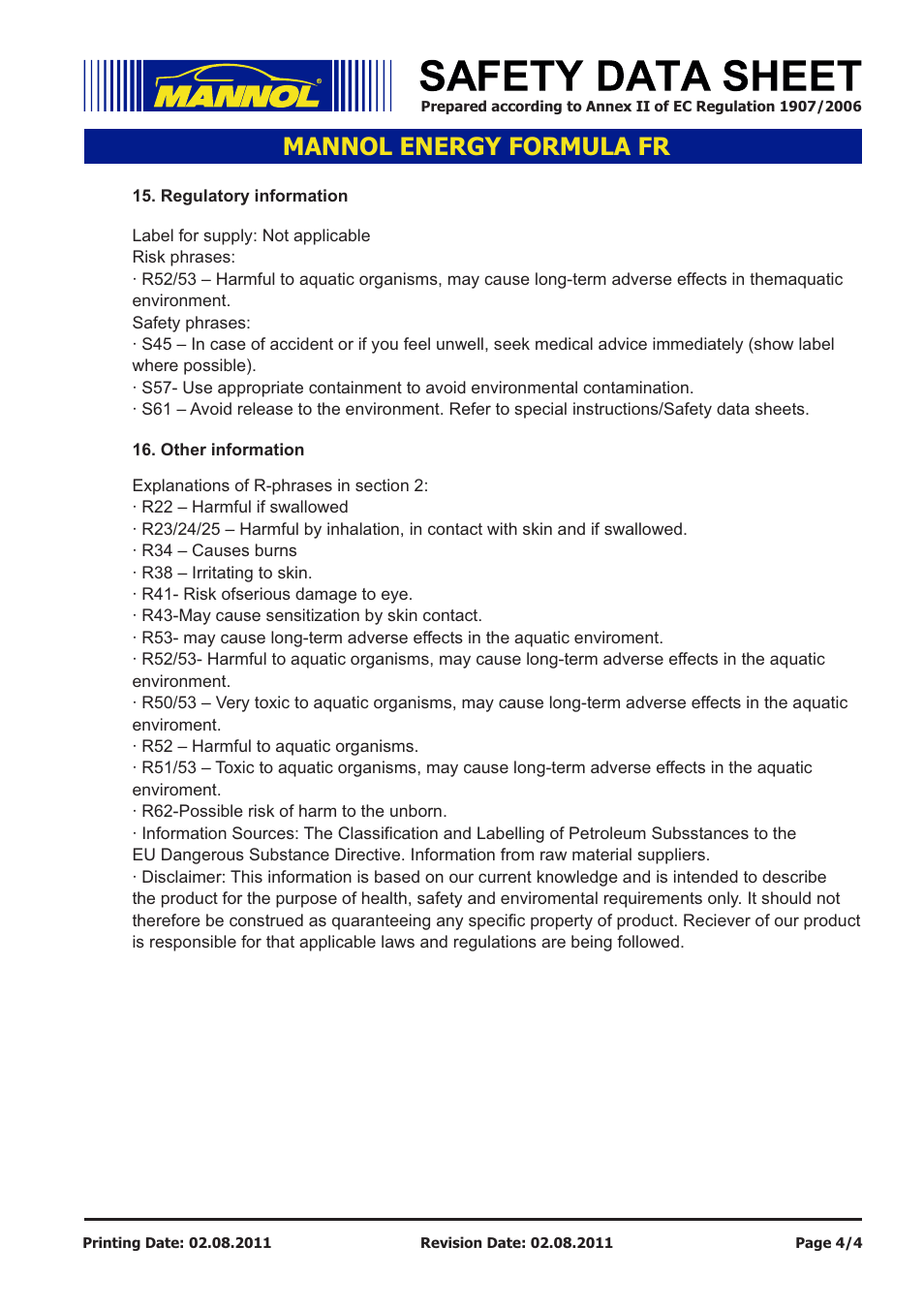 Mannol energy formula fr | SCT-Germany ENERGY FORMULA FR SAE 5W-30 API SL User Manual | Page 4 / 4
