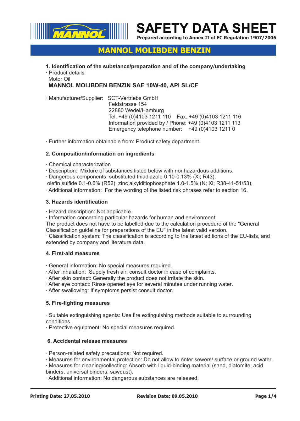 SCT-Germany MOLIBDEN BENZIN SAE 10W-40 API SL_CF User Manual | 4 pages