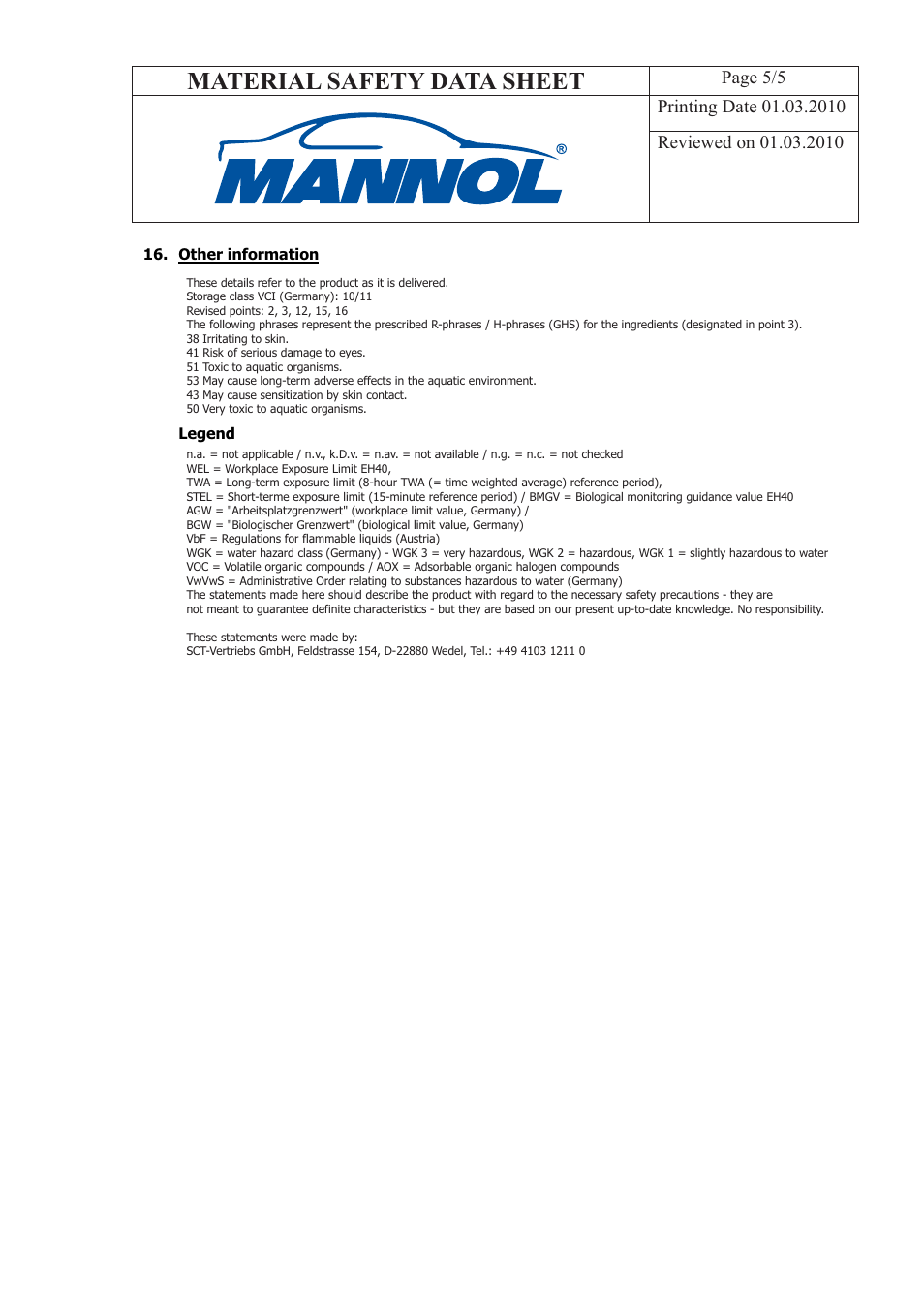 Material safety data sheet | SCT-Germany HIGH TEMPERATURE GREASE LC2 User Manual | Page 5 / 5