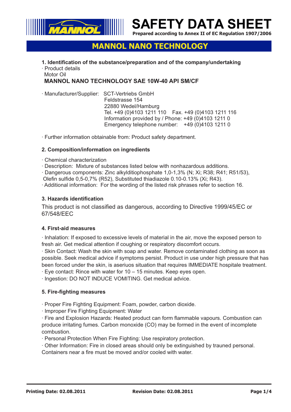 SCT-Germany NANO TECHNOLOGY SAE 10W-40 API SM_CF User Manual | 4 pages