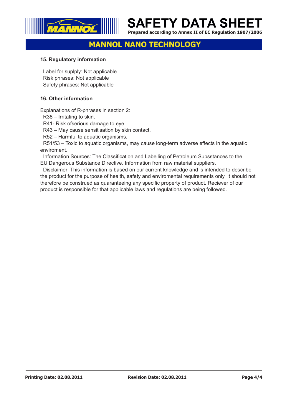 Mannol nano technology | SCT-Germany NANO TECHNOLOGY SAE 10W-40 API SM_CF User Manual | Page 4 / 4
