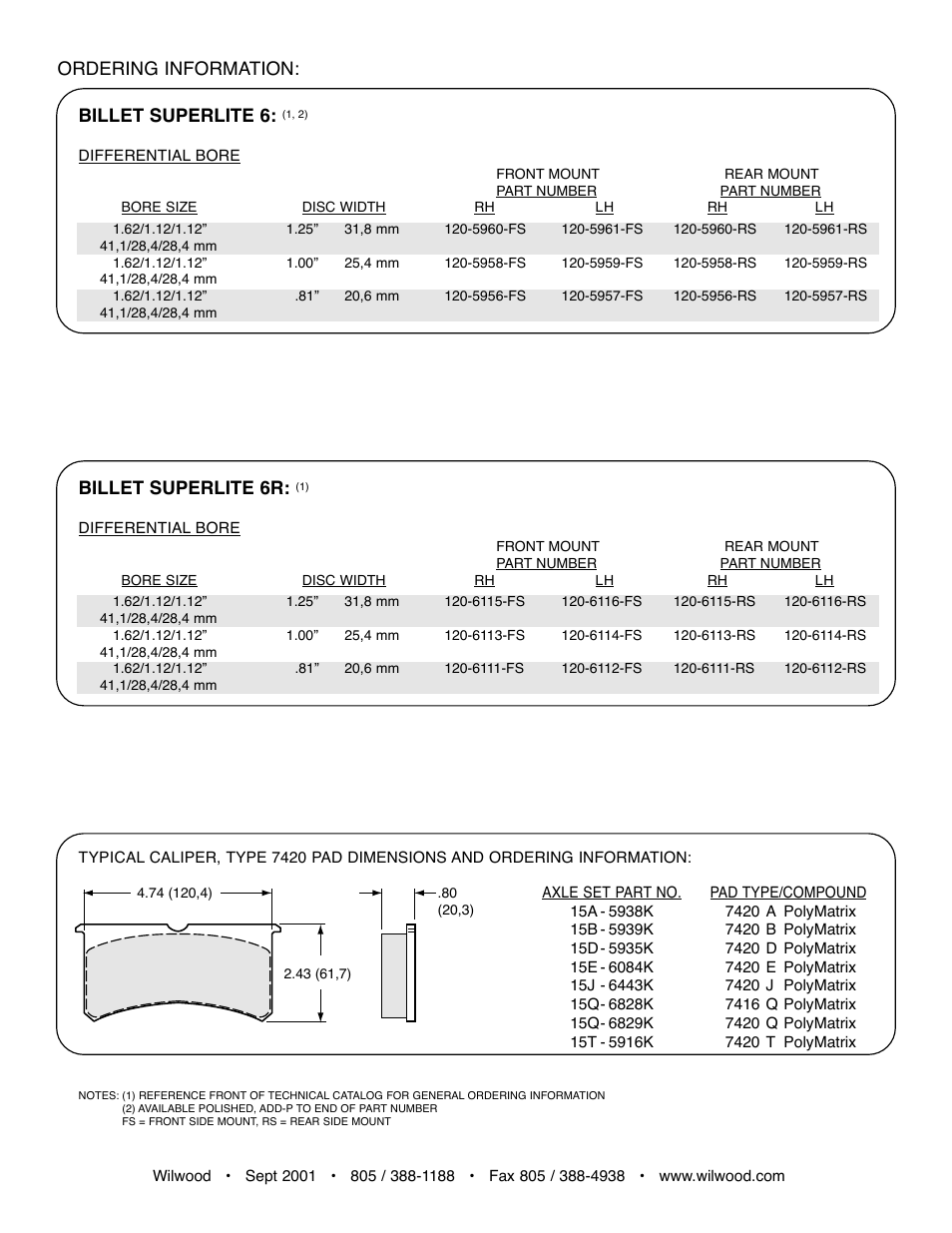 Ordering information, Billet superlite 6, Billet superlite 6r | Wilwood Billet Superlite 6 Lug Mount Caliper User Manual | Page 2 / 4