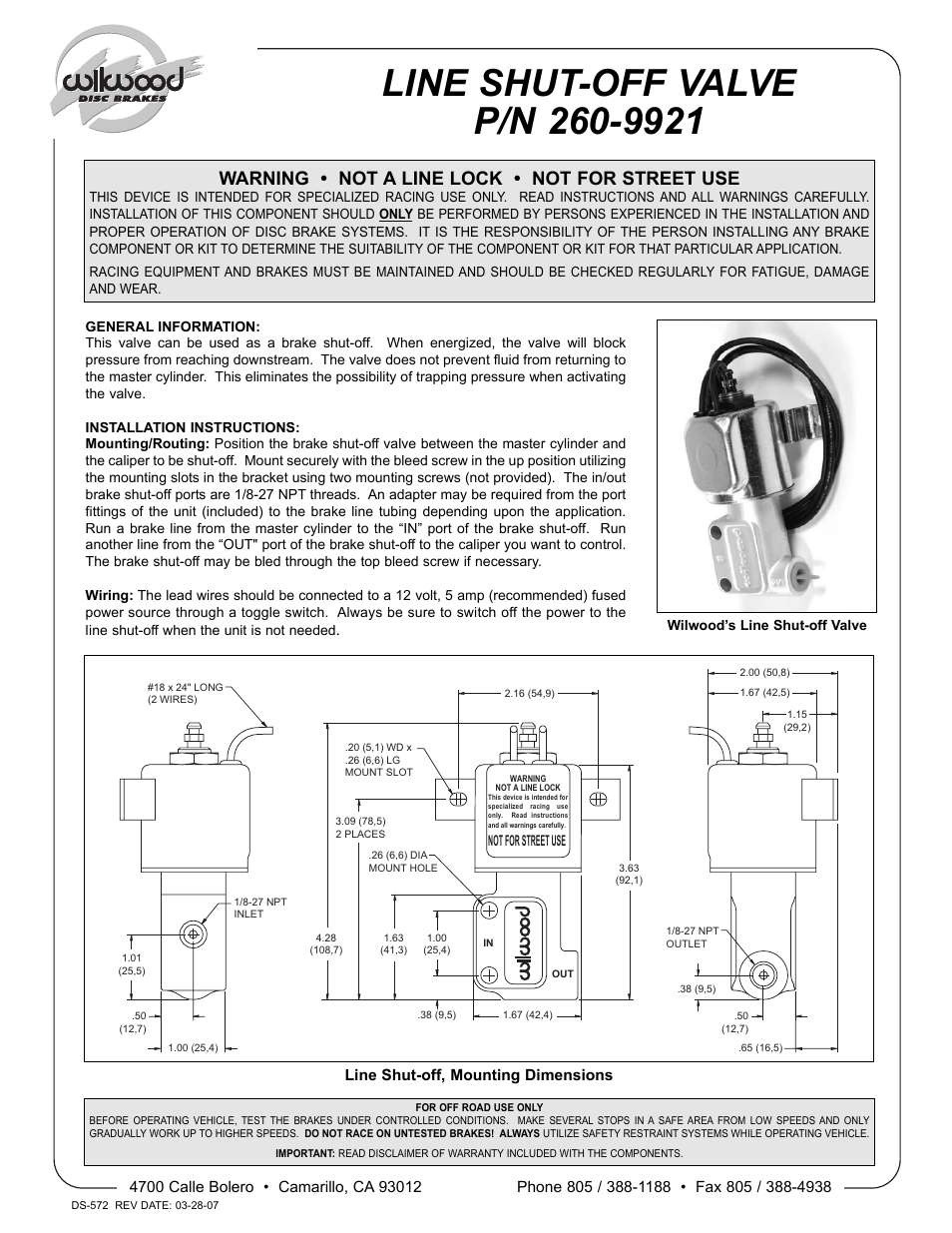 Wilwood MasterCylinder No: 260-9921 User Manual | 1 page
