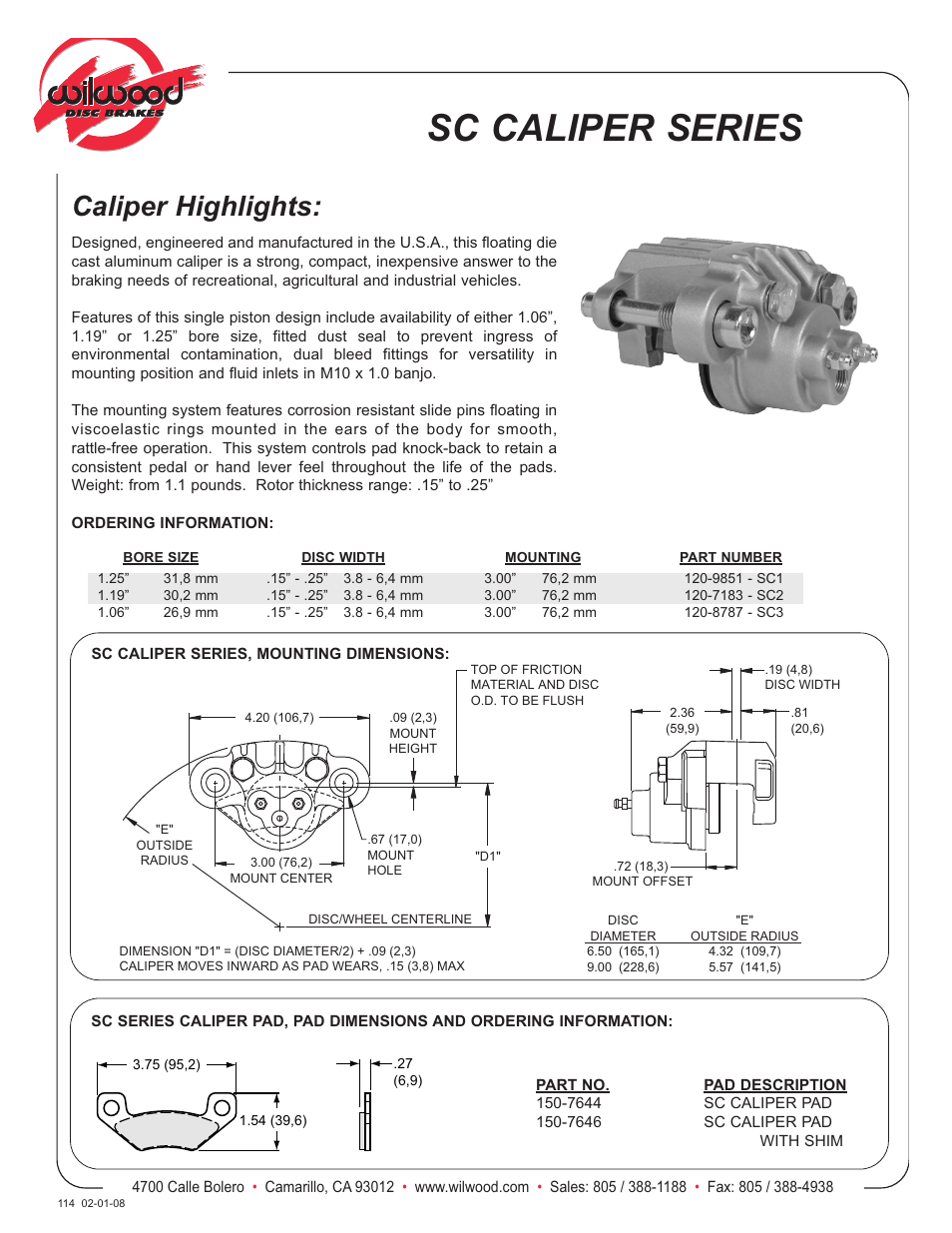 Wilwood SC1 Single Piston User Manual | 1 page