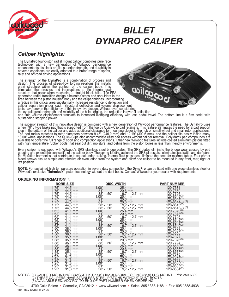 Wilwood Narrow Dynapro Radial Mount User Manual | 2 pages