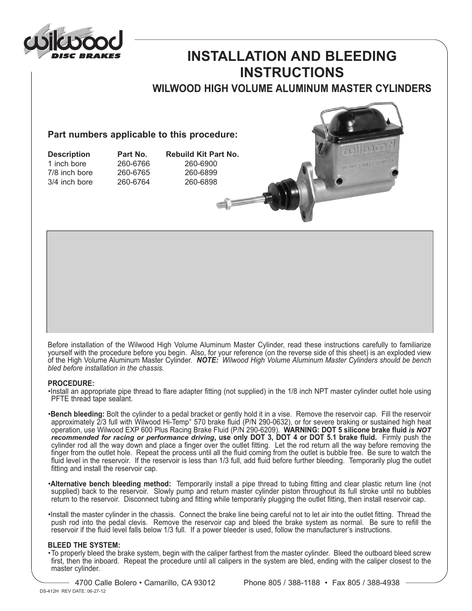 Wilwood High Volume Master Cylinder User Manual | 2 pages