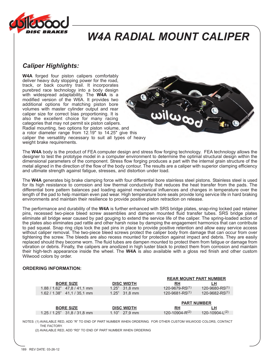 Wilwood W4A User Manual | 2 pages