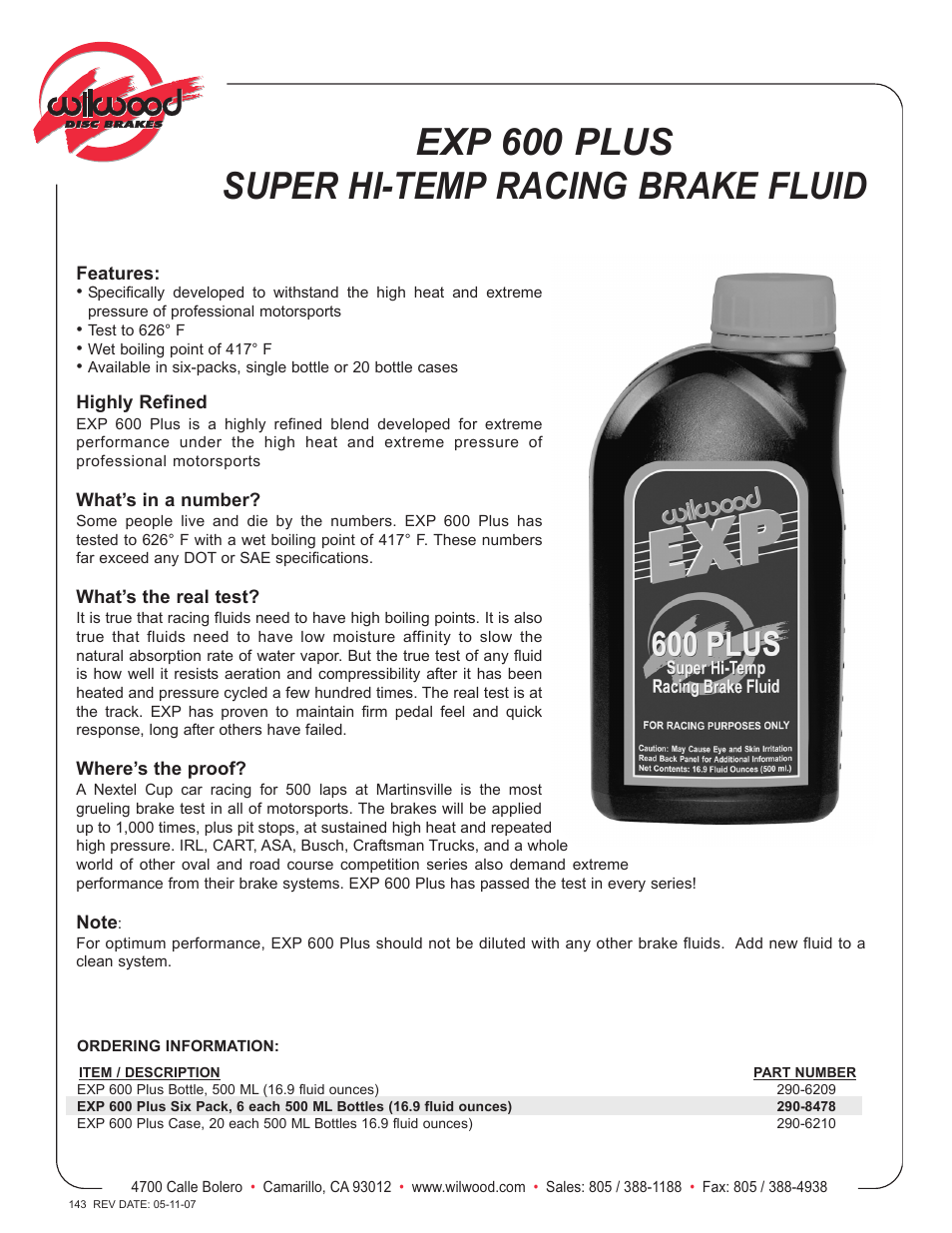 Wilwood EXP600 PLUS Brake Fluid User Manual | 1 page