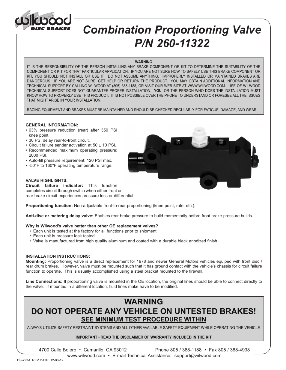 Wilwood MasterCylinder No: 260-11322 User Manual | 2 pages