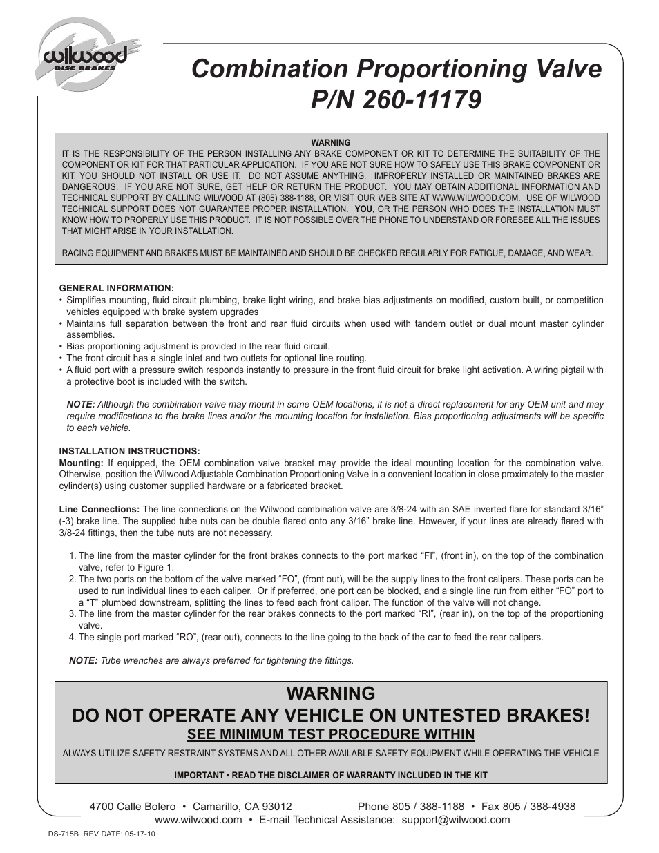 Wilwood MasterCylinder No: 260-11179 User Manual | 2 pages