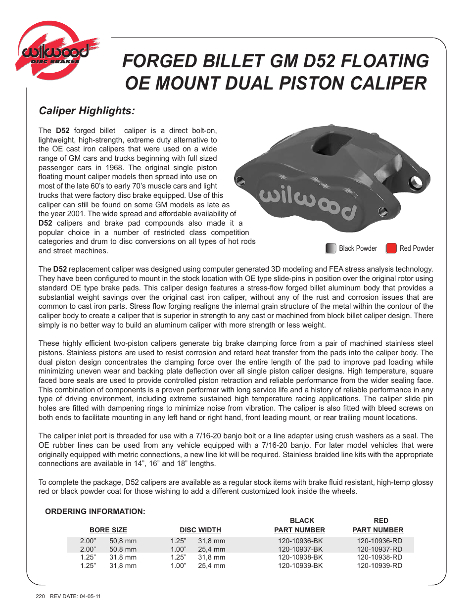 Wilwood D52 Dual Piston Floater User Manual | 2 pages