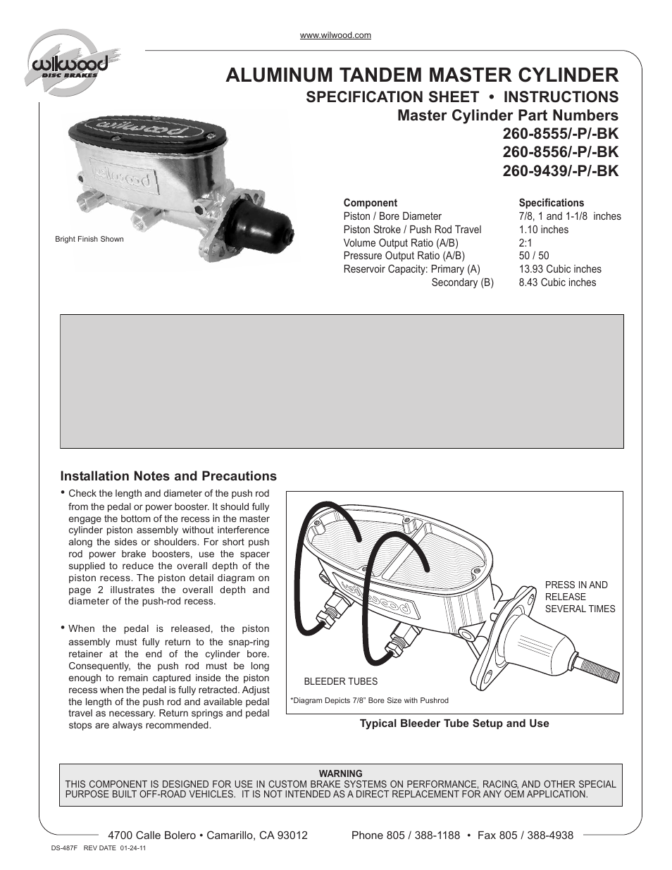 Wilwood Aluminum Tandem Master Cylinder User Manual | 3 pages