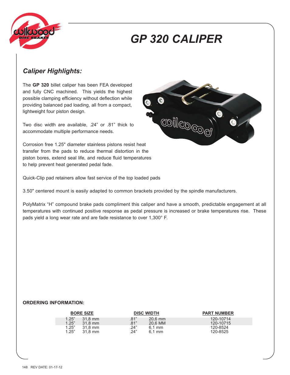 Wilwood GP320 Caliper User Manual | 2 pages