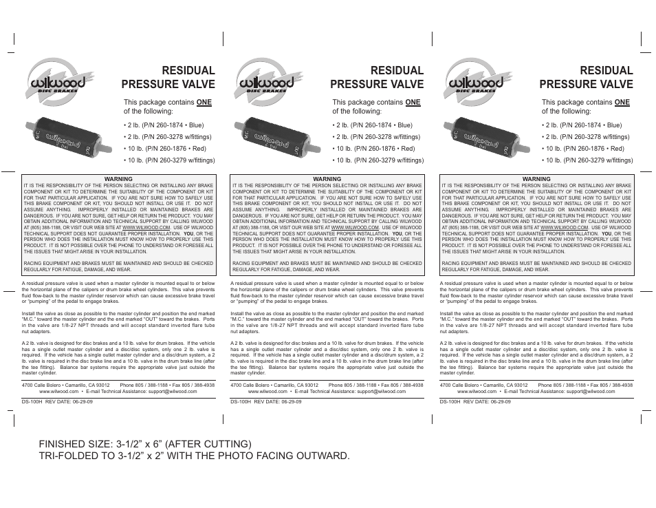 Wilwood MasterCylinder No: 260-3278 User Manual | 1 page