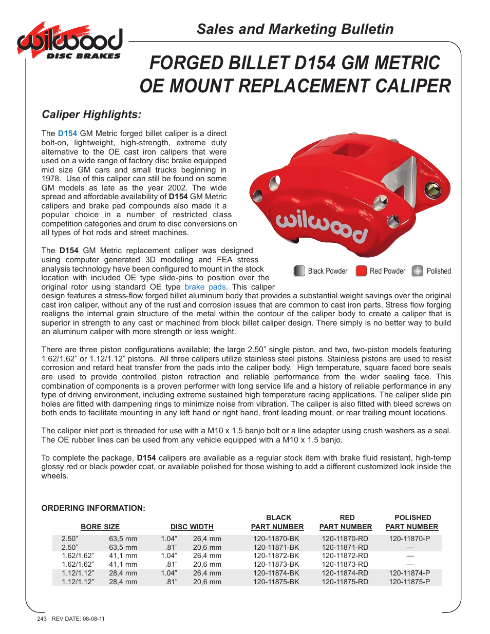 Wilwood D154 Single & Dual Piston Floater User Manual | 2 pages