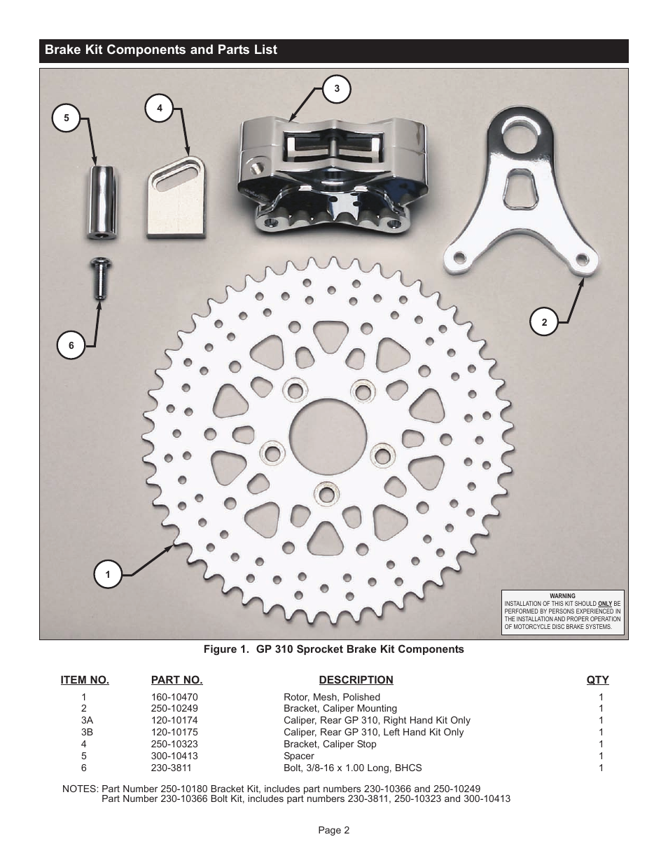 Brake kit components and parts list | Wilwood GP310 Motorcycle Rear Spocket Brake Kit User Manual | Page 2 / 4