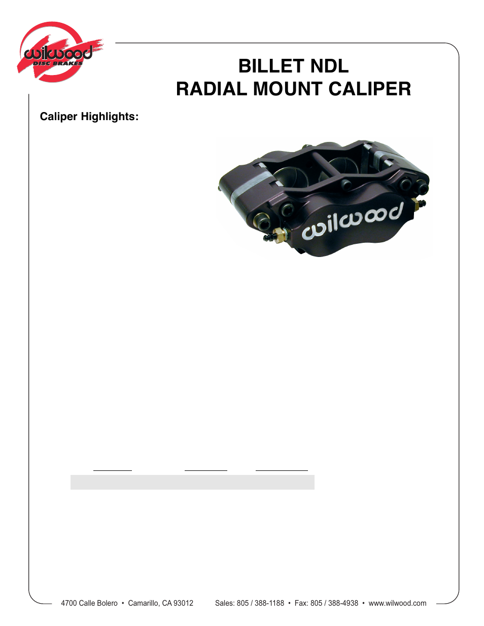 Wilwood Billet Narrow Dynalite Radial Mount User Manual | 2 pages